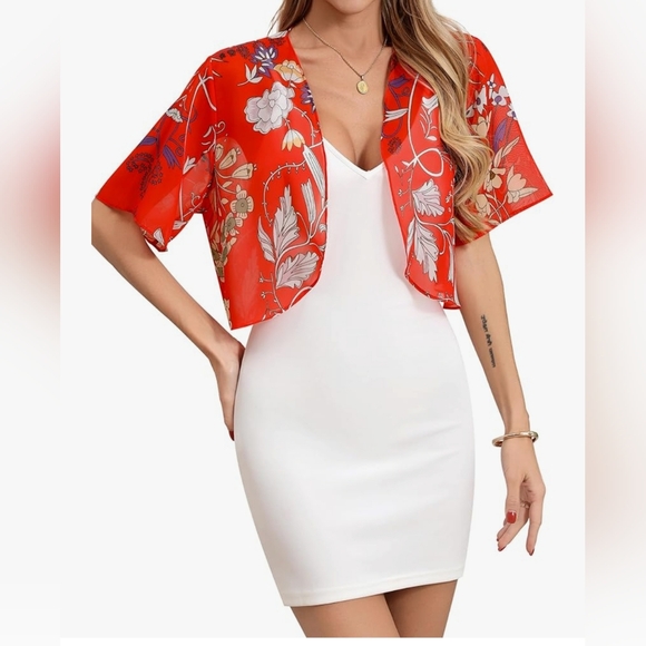 Tops - Brand New Red Floral Sheer Bolero Shrug